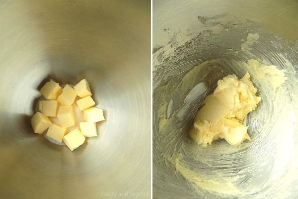 Creaming the butter and sugar in a metal bowl.