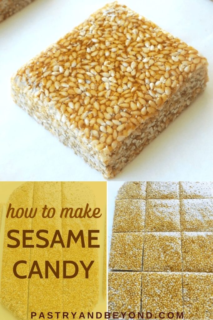 Sesame candy with text overlay.