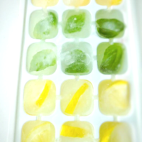 Lemon, orange, basil leaf flavored ice cubes in an ice tray.