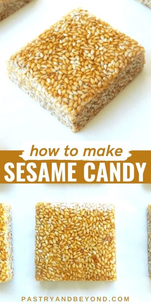 Sesame candy with text overlay.
