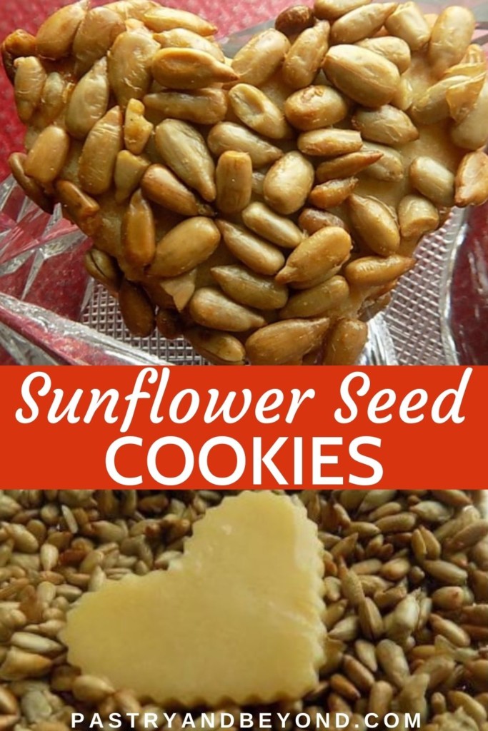Heart shaped cookie covered with sunflower seeds.