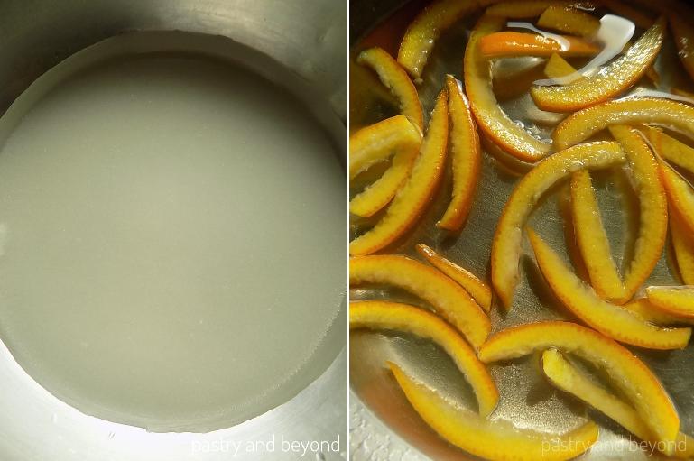 Zucchero e acqua in una padella. Bucce d'arancia e succo di limone vengono aggiunti in miscela disciolta.