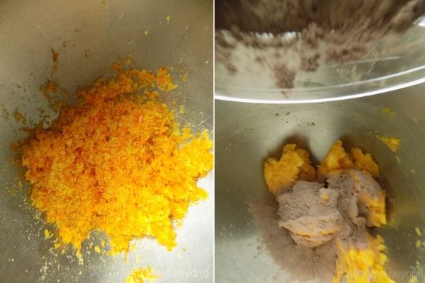 Mixing orange zest and sugar in a bowl. Adding the flour mixture into the butter-sugar mixture.