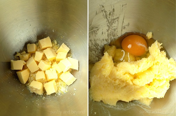 Cubed butter, sugar, lemon zest in a mixing bowl. Egg is added into the beaten mixture.