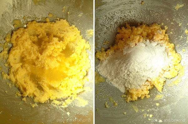 Lemon juice is added into the mixture, then flour is added in to the mixture.