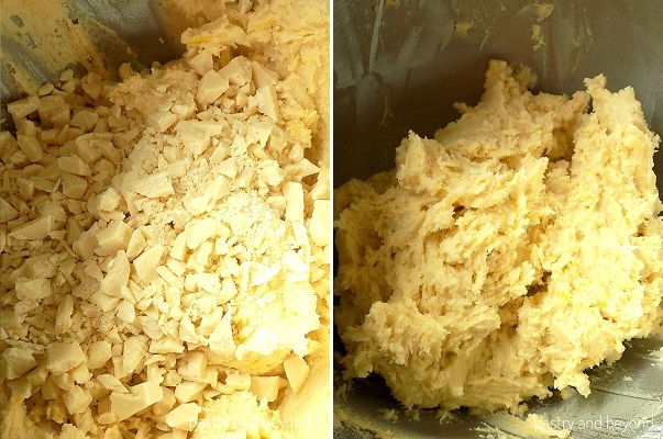 White chocolate is added into the mixture. Totally mixed lemon white chocolate cookie dough.