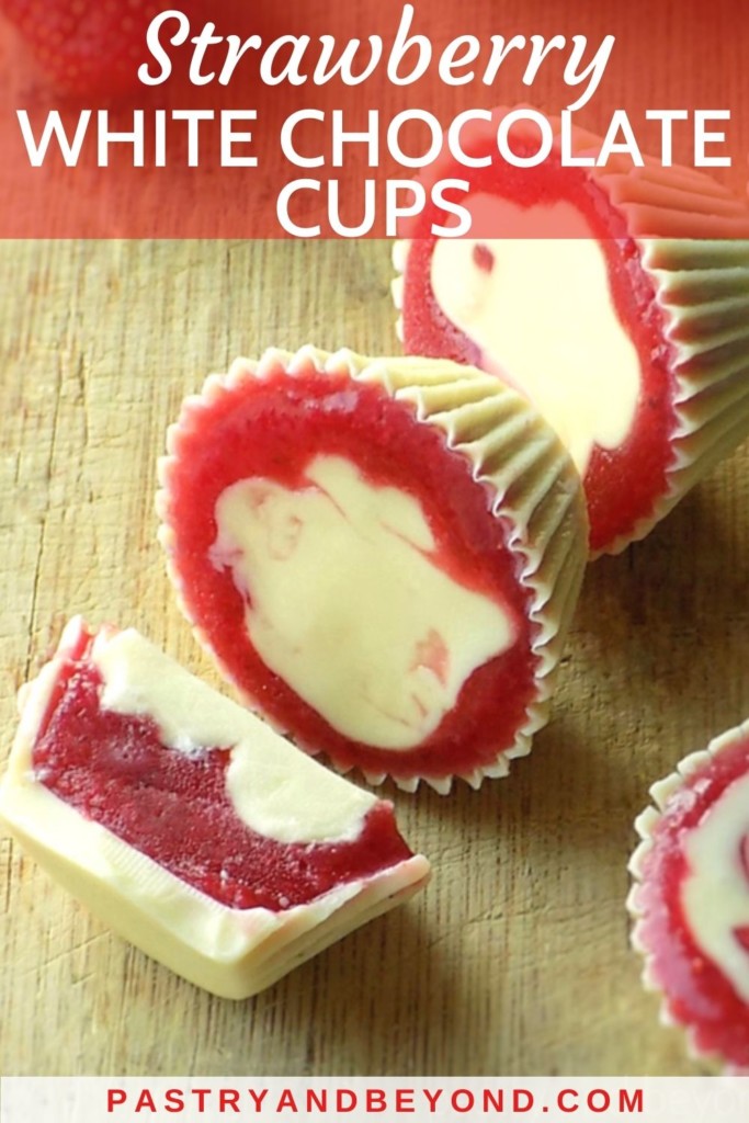 White chocolate cups with strawberry filling.