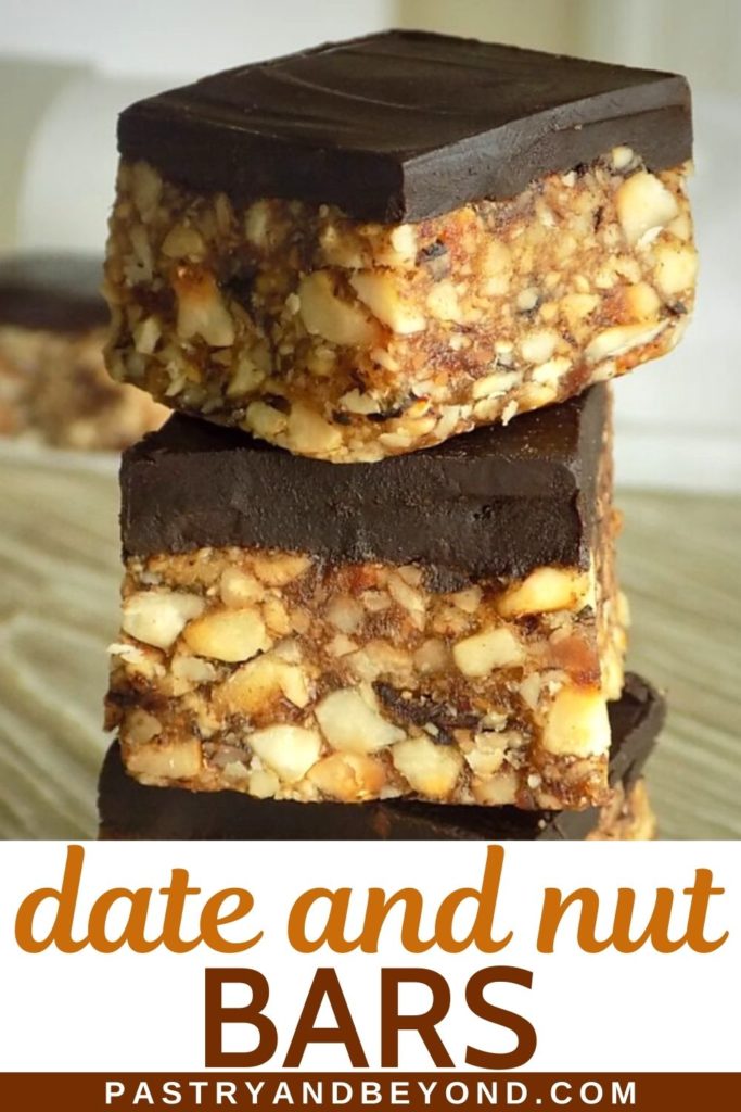 Stacked chocolate date nut bars.