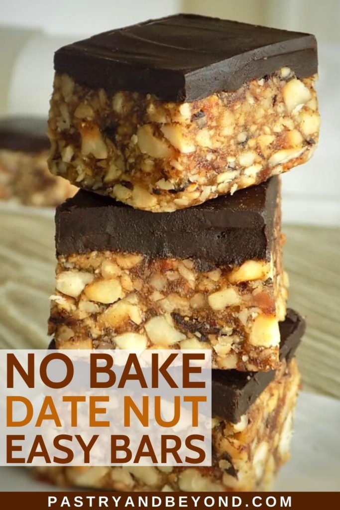 Stacked date nut bars with text overlay.