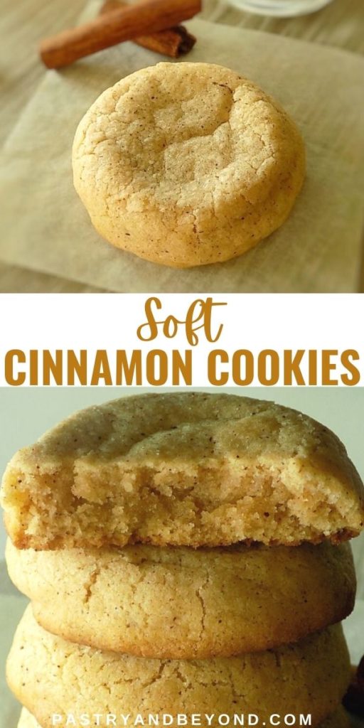 Showing the inside and overhead view of cinnamon cookies with text overlay.
