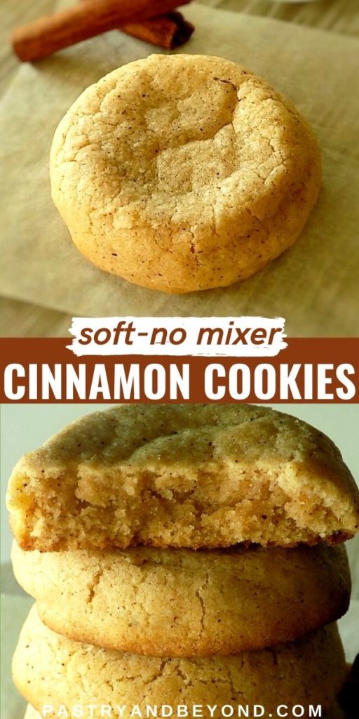 Soft cinnamon cookies with text overlay.