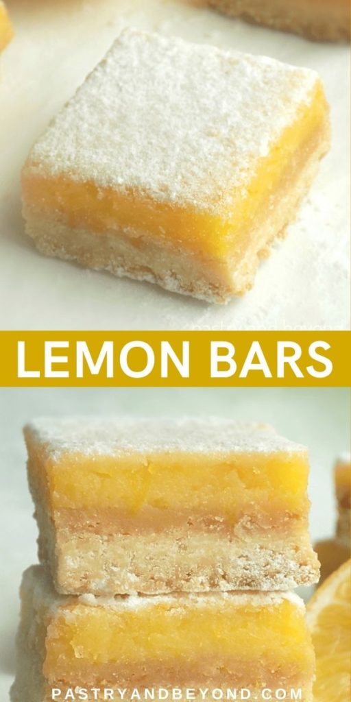 Lemon bars with text overlay.