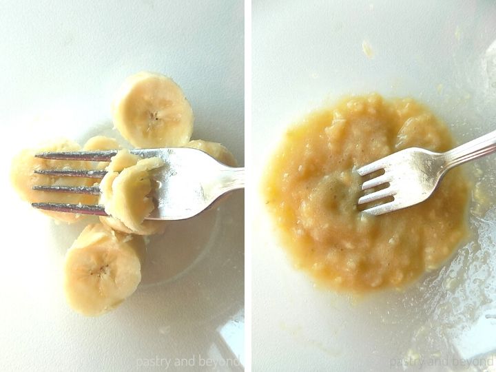 Mashing the banana slices with a fork.