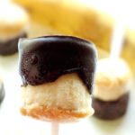 Chocolate and peanut butter covered frozen banana bites.