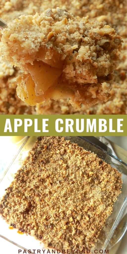 Apple crumble with text overlay.