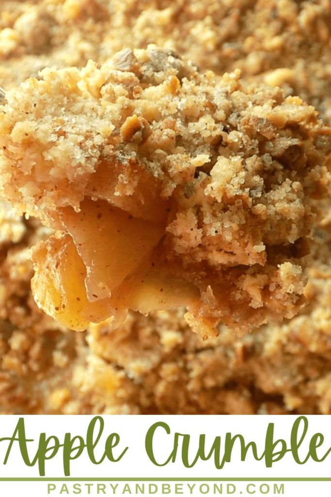 Apple crumble with text overlay.