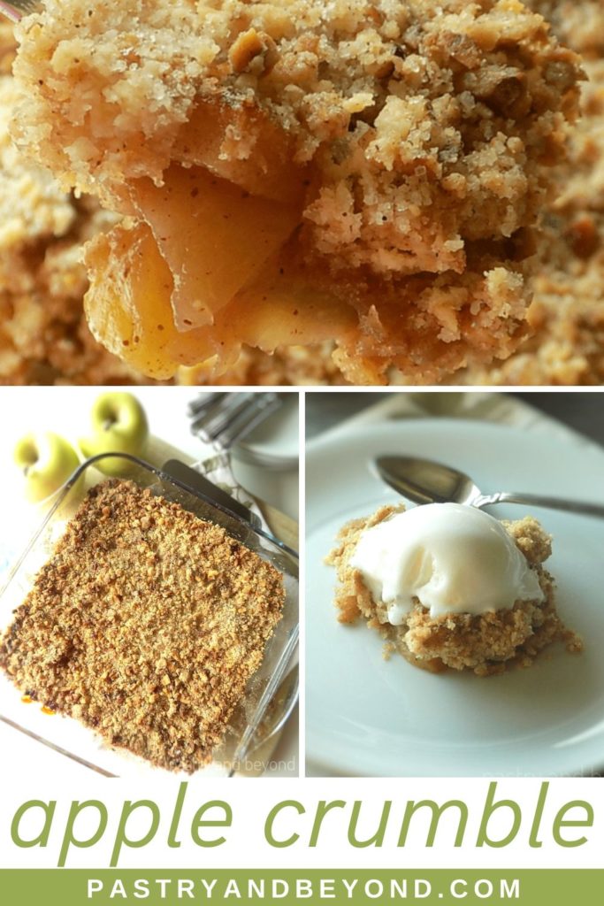 Showing the apple crumble on a spoon, in a baking dish and on a white plate with vanilla ice cream on top.