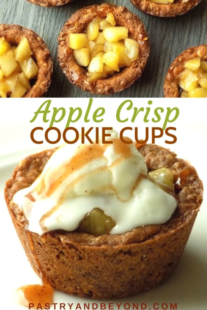 Apple crisp cookie cups and one cookie cup with ice cream on top.