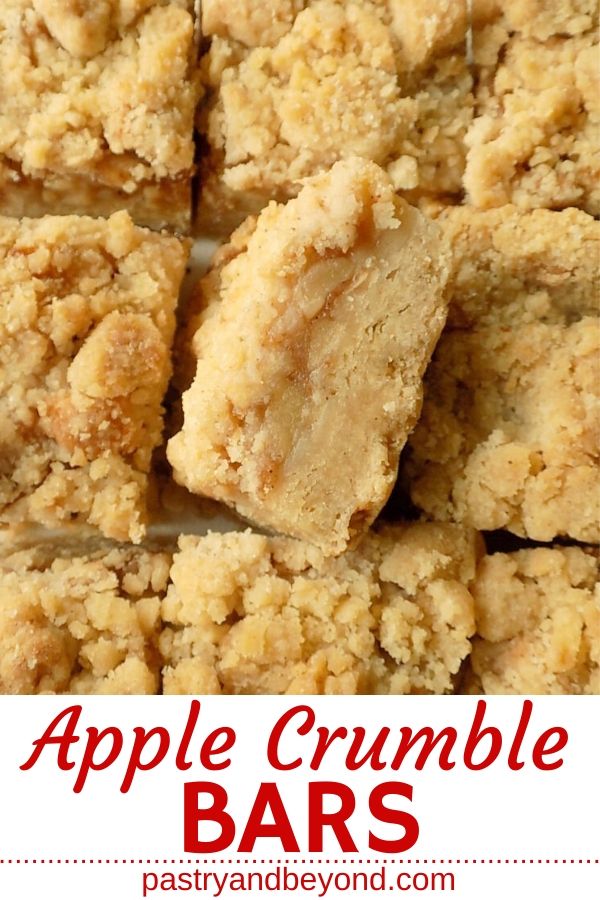 Apple crumble bars with text overlay. 
