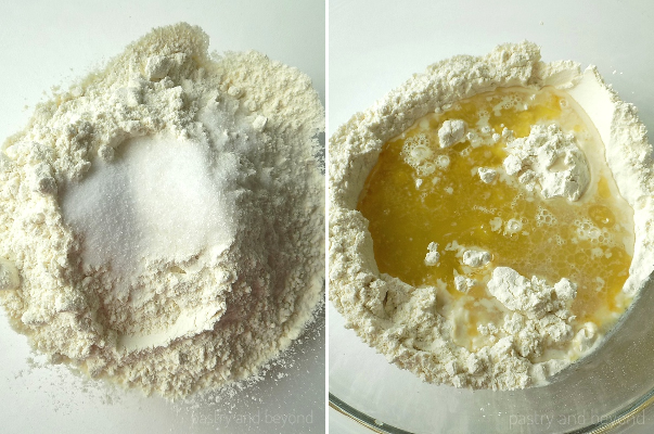 Flour, salt and sugar in a bowl. Olive oil and water are added to the mixture.