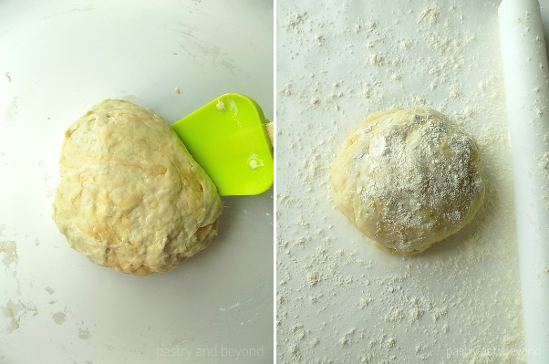 Collage of dough in a bowl and flour sprinkled over dough, rolling pin and work surface.