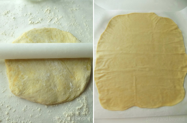 Collage of dough with a rolling pin on top and rolled out dough.