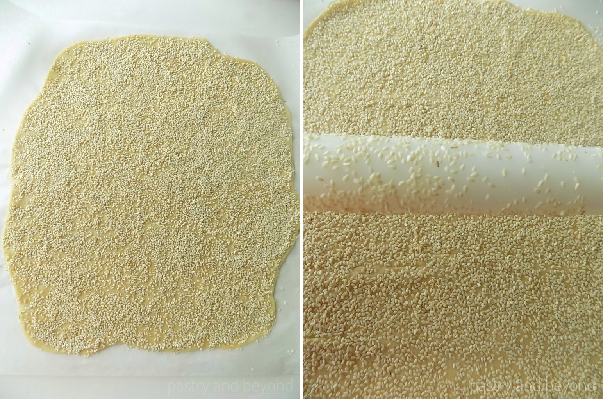Collage of rolled out dough with sesame on top and rolling pin with sesame on top. 