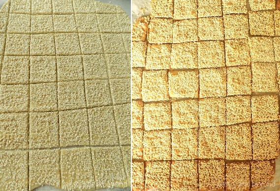 Sesame crackers before and after baking.