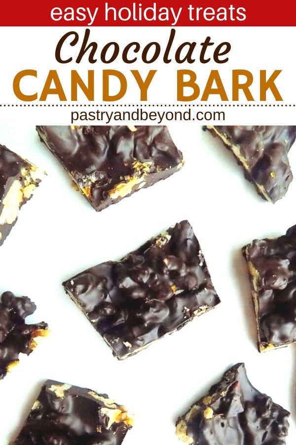 Overhead view of chocolate candy bark with text overlay.