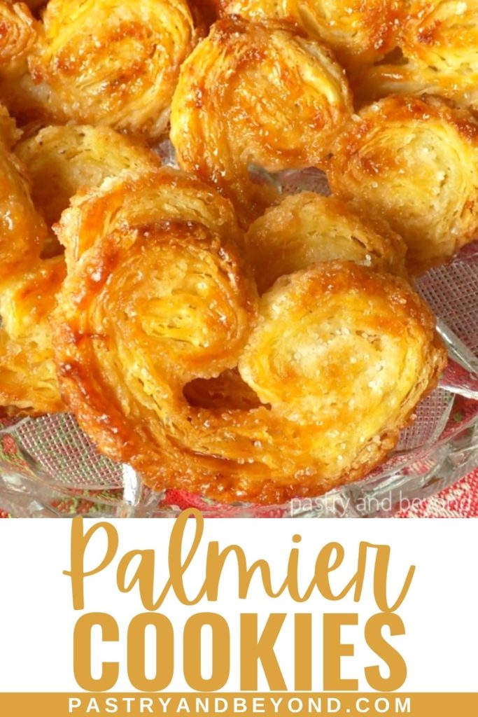 Palmier cookies in a row with text overlay.