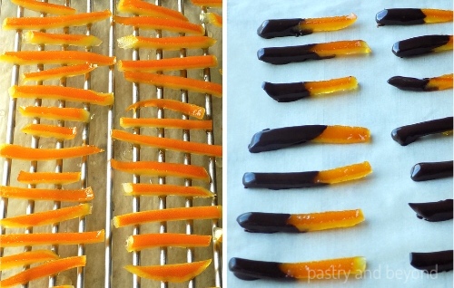 Collage d'écorces d'oranges confites avant et après trempées dans du chocolat.
