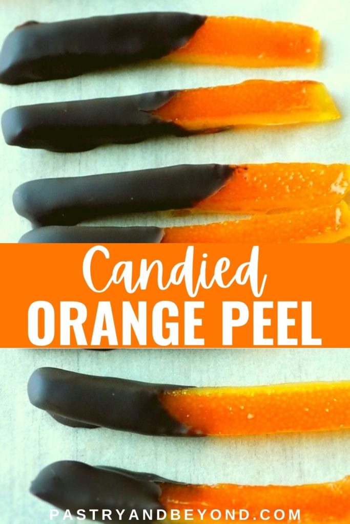 Chocolate dipped orange peel with text overlay.