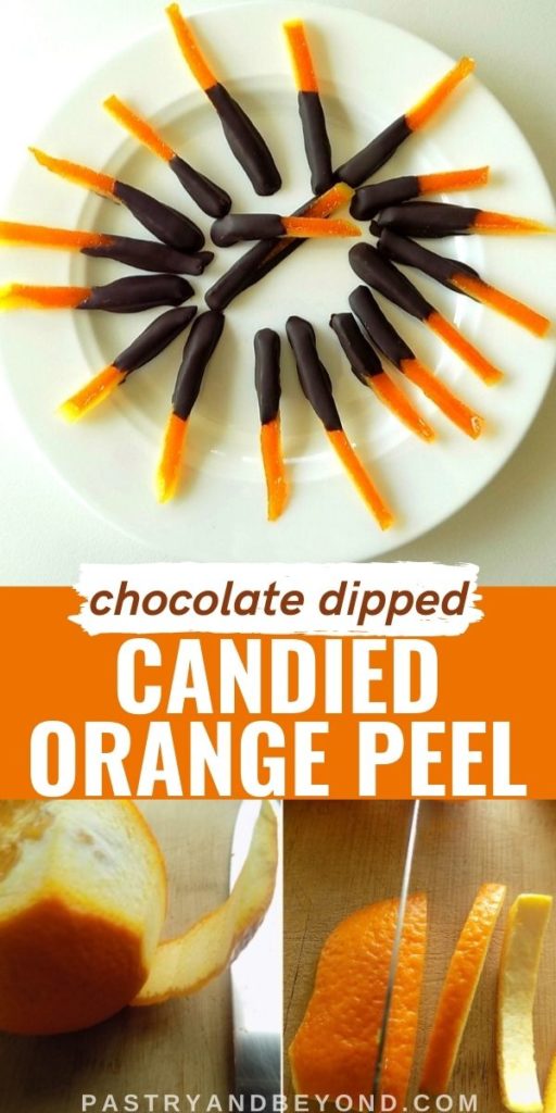 Chocolate dipped candied orange peels on a plate and showing the steps with text overlay.