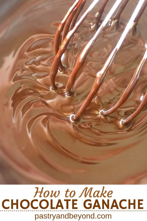Stirring chocolate ganache with a whisk.