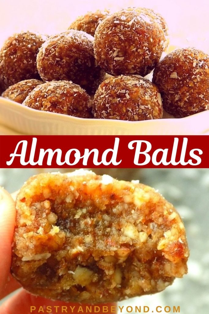 Almond date balls with text overlay.