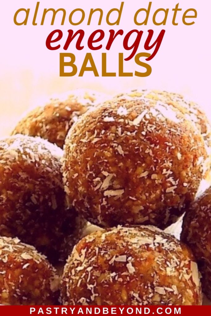 Pin of almond date balls that are covered with shredded coconut