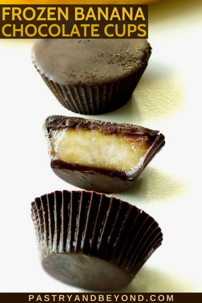 Banana filled frozen chocolate cups on a white surface with text overlay.