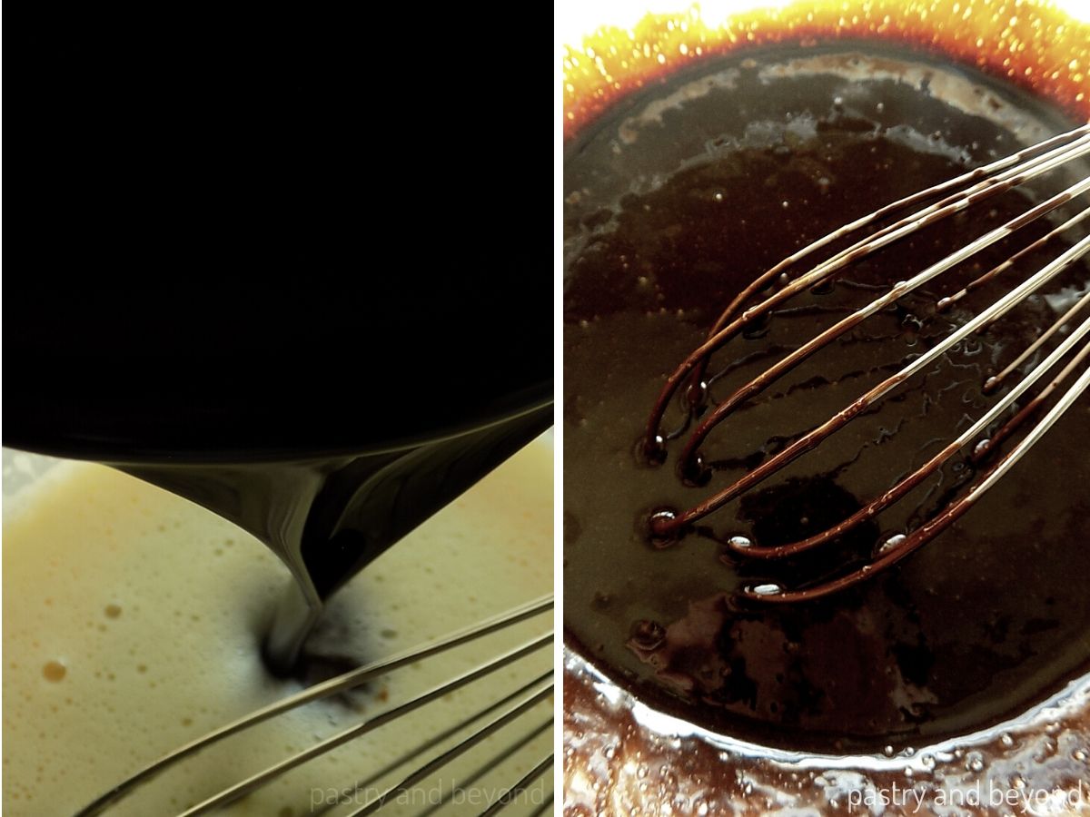  Collage of adding butter-chocolate mixture into the egg mixture and stirring.