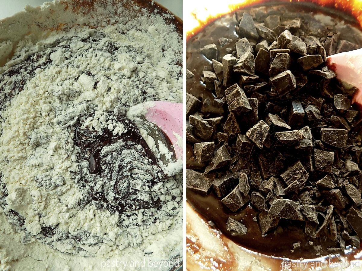 Collage of adding flour and chocolate chunks into the mixture and stirring.