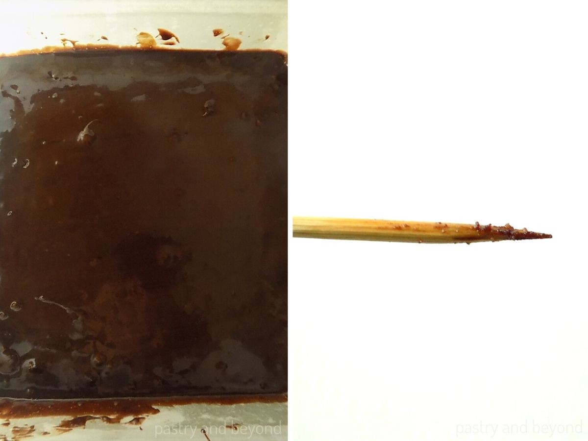 Collage of brownie batter in a pan and a toothpick with wet crumbs after brownie baked.