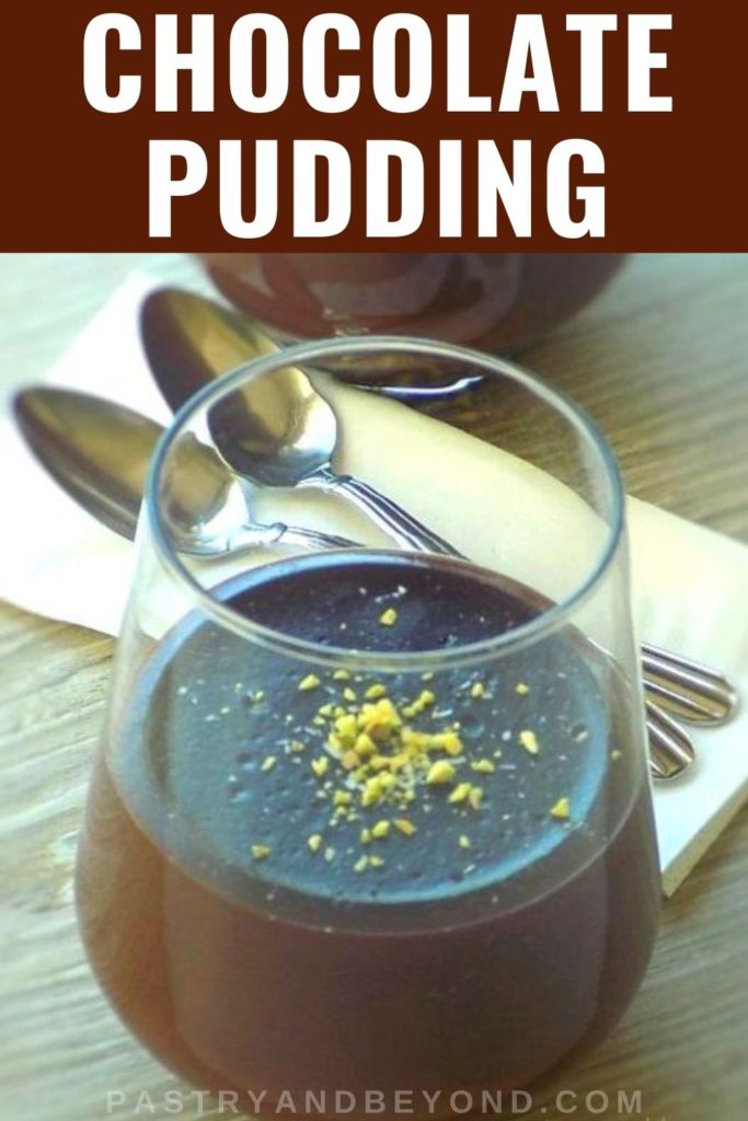 Chocolate pudding in a glass with text overlay.