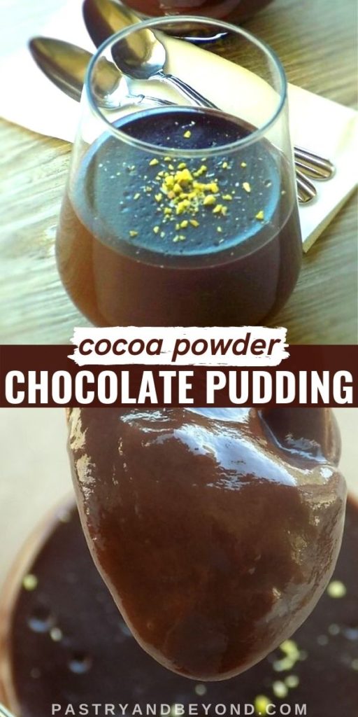 Chocolate pudding in a glass and on a spoon with text overlay.