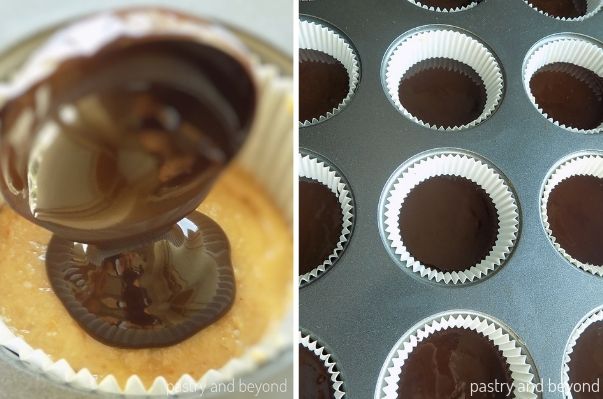Adding melted chocolate over the peanut butter just to cover the top.