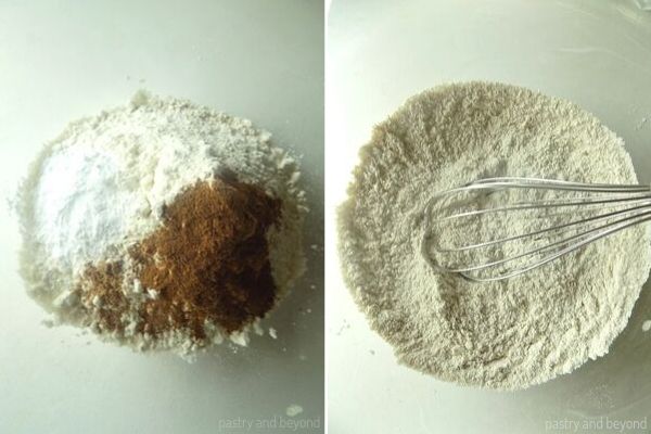 Collage of mixing flour, salt, baking powder, cinnamon and nutmeg with a whisk in a bowl. 