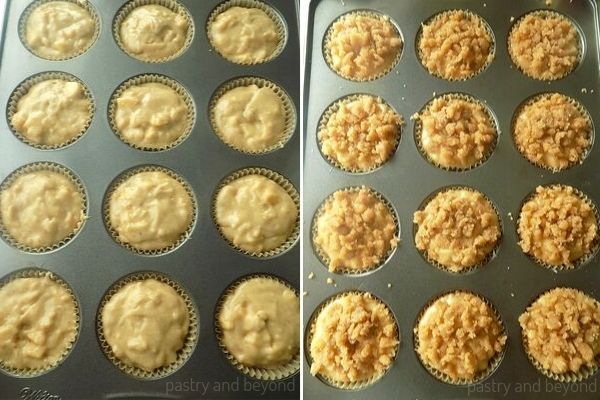 Placing the apple muffin batter into the cupcake liners that is lined in a cupcake pan and cover the top with crumbles.