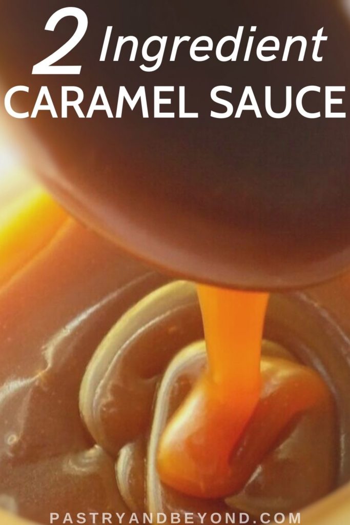 Homemade caramel sauce dripping from a spoon.