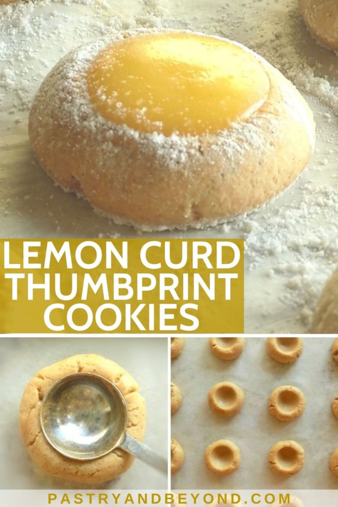 Collage of lemon curd thumbprint cookie and steps of doing it.
