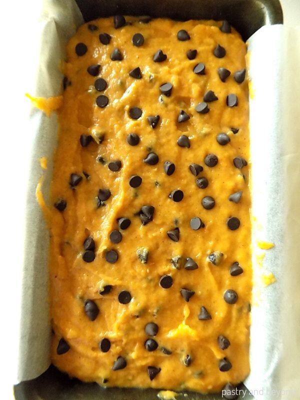 Pumpkin chocolate chip bread batter in a pan.
