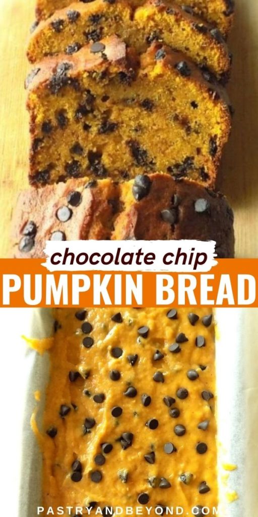 Slices of pumpkin chocolate chip bread with text overlay.