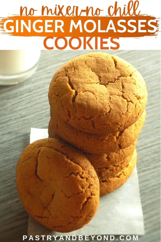 Stacked ginger molasses cookies with text overlay.